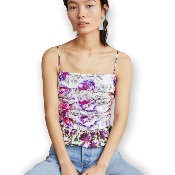 New Delfi Collective Anthropologie Mila L Purple Green Floral Ruched Silky Tank - Picture 2 of 6